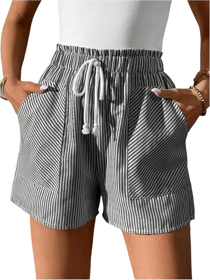 Verdusa Women's Cruise Outfits 2026 Striped Shorts Linen Clothes Summer Drawstring Waist Striped Straight Leg Shorts (Black and White), Large