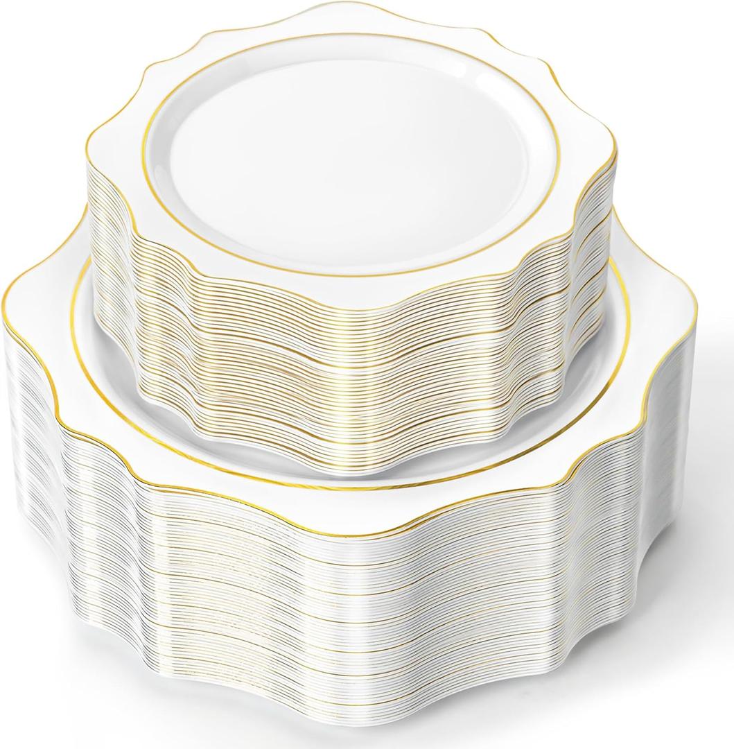 60PCS White Plastic Plates with Gold Rim, Disposable Heavy Duty Plastic Plate, Fancy 30 Dinner and 30 Dessert Plates for Party and Wedding