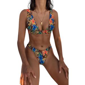 Bathing Suits for Women Deep V Neck Sexy Two Piece Bikini Sets for Women Thong Halter Cheeky Swimsuit (Small, Flower 2)