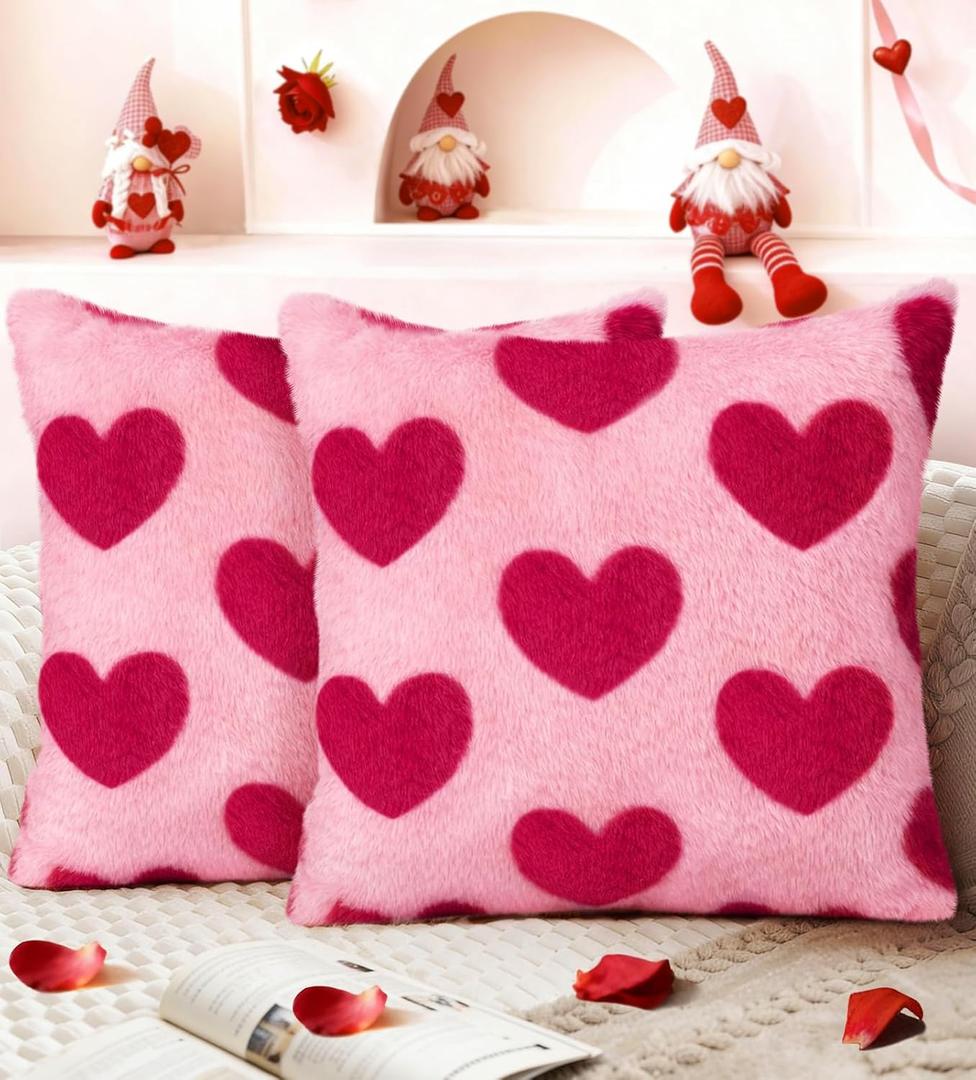 Valentines Pillow Covers 18x18 Inch Set of 2 - Plush Faux Fur Rose Hearts Valentines Day Jacquard Throw Pillow Covers Decorations Soft Home Decor for Couch, Sofa, or Bed