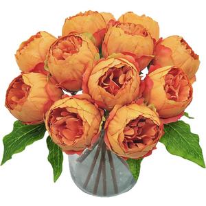 Artificial Fake Flowers Plants Silk Peony 12 Flower Heads Arrangements Wedding Bouquets Decorations Plastic Floral Table Centerpieces Home Kitchen Garden Party Dco, (Orange)