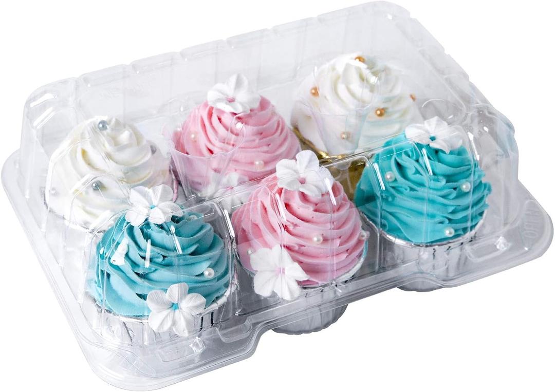 ONE MORE Clear Cupcake Boxes 6 Cavity Holder, Large 6 Compartment Muffin Containers Plastic Cupcake Carrier with Deep Dome 4" High Safe Eco-friendly Material Pack of 15
