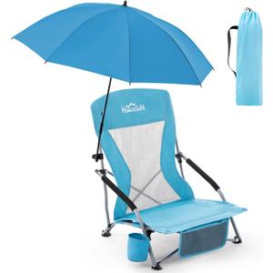 Homcosan Portable Low Folding Beach Chair with Detachable Umbrella - Lightweight Camping Chair for Adults with Cup Holder & Storage Pocket, Carry Bag Included (Blue)