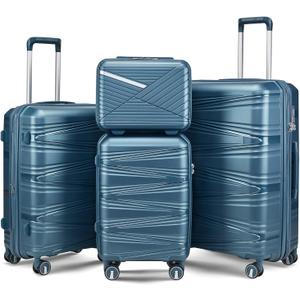 4 Piece Luggage Set PP Hardshell, Expandable Suitcase Set (20/24/28) with 14" Cosmetic Case, Lightweight Spinner Wheels with TSA Lock, Detachable Wheels for Nesting Storage (Peacock Blue)