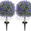 Artificial Boxwood Topiary Ball Trees with Purple Rose, 2 Set of 19'' UV Resistant Fake Evergreen Shrubs Bushes Plants with Ground Spike Fake Plants for Outdoor Indoor Front Porch Garden