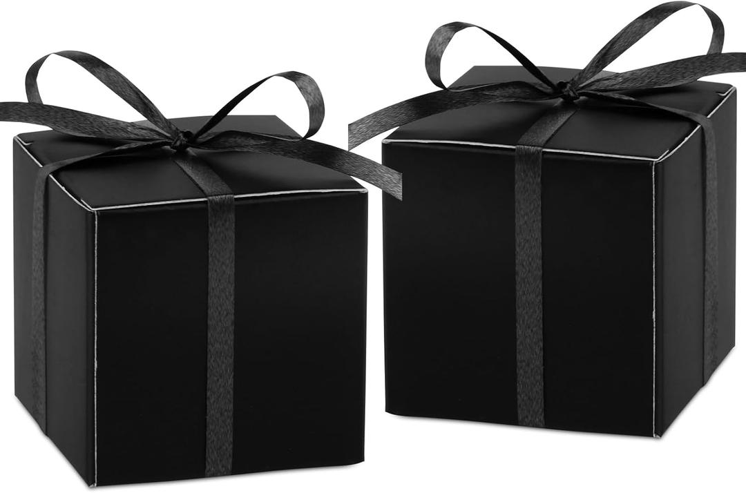 Adecortalk 100Pcs Black Gift Box 2x2x2 inches Gift Candy Box with Ribbons Black Party Favor Boxes for Wedding Baby Shower Birthday Party Sunday School Graduation Bridal Shower Halloween Valentine