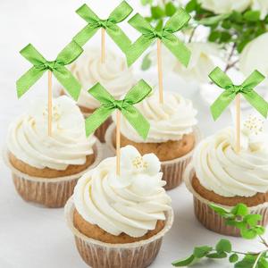 30Pcs Light Green Bow Cupcake Toppers, Coquette Cake Decorations Birthday, Bridal Shower, Baby Shower, Wedding, Bachelorette Party Girl-Themed Celebrations