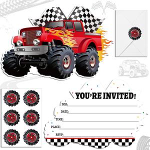 30 Sets Monster Truck Birthday Christmas Invitations with Envelopes Stickers Race Car Invitations for Boy Kids Birthday Party Supplies Decoration