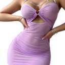 ADOME Lingerie for Women Sheer Ruched Bodycon Mesh Babydoll Halter Lingerie Sexy Chain Dress (Purple, M)