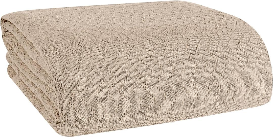 BELIZZI Home 100% Cotton Bed Blanket, Breathable Thermal Blanket Twin Size, Soft Chevron Thermal Blanket 60"x90", Cotton Bed Blanket, Perfect for Layering Any Bed for All Season, Beige (Beige)