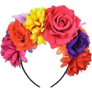 DreamLily Rose Flower Crown Headband HalloweenCinco De Mayo Party Costume Headpiece NC26 (Rainbow Colorful)