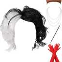 WILLBOND Halloween Lady Costume Wig Set Half Black and White Wig Faux Pearl Necklace (Style 2)