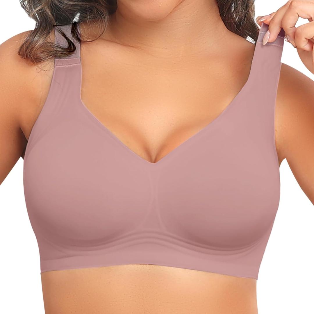 PoseFree Womens Seamless Wireless Supportive Bra Push Up Comfort Soft No Underwire Full Coverage T-Shirt Bra (X-Large, Mauve)