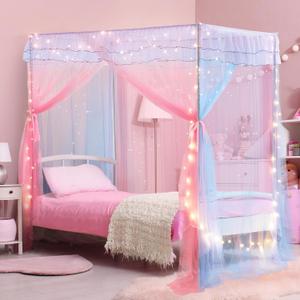 Twin Size Bed Canopy with Lights, Bed Canopy for Girls Princess with Luminous Stars, Canopy Bed Curtains for Twin Bed Kids Indoor Decor Bedroom, 4 Corner Post Bunk Bed for Student Dormitory, Blue&Pink (39"W x 78"L (Pack of 1))