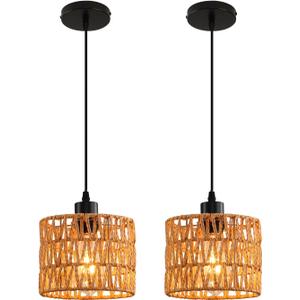 Woven Pendant Light Boho Chandelier, Rattan Pendant Lights Kitchen Island, Farmhouse Pendant Lighting with Hand Woven Wicker Shade, Boho Chandelier Light Fixtures Ceiling Hanging Light (2 Pack Brown)