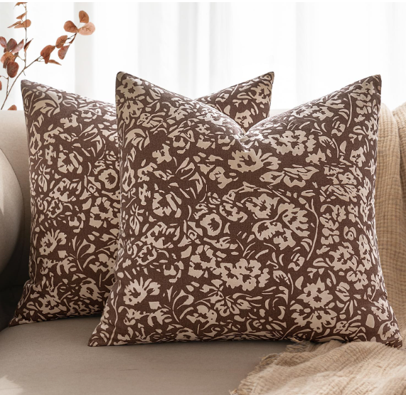 MIULEE Floral Pillow Covers 18x18 Set of 2, Neutral Linen Decorative Throw Pillow Covers for Sofa Couch Outdoor Living Room, Farmhouse Cushion Covers, Brown