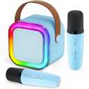 Mini Karaoke Machine with 2 Wireless Microphone: Portable Bluetooth Karaoke Machine for Family Home Party - Stage-subwoofers (Blue)