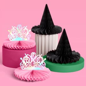 xo, Fetti Witch Party Hanging Decor - Set of 4 | Pink Tiara + Black Hat | Iridescent Centerpieces, Magical Birthday Decorations, 3D Tabletop Setting
