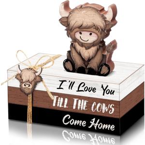 Anglechic 4 Pcs Highland Cow Wood Book Stacks Decor Highland Cow Wooden Tiered Tray Decor Rustic Table Centerpiece Block Signs Christmas Decorations for Home Dining Table Mantel Shelf