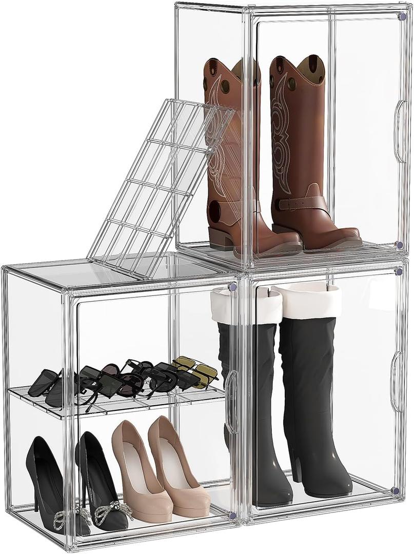 3 Pack Boot Storage Organizer Tall Boots Boxes Clear Plastic Stackable Acrylic Boot Display Case Storage Box with Divider, Shoe Organizer Box, XXX-L