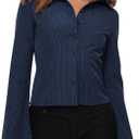 ECHOINE Women Button Down Shirts Long Sleeves Slim Fitted Casual Collared Blouses Work Striped Tops (Small, Blue)