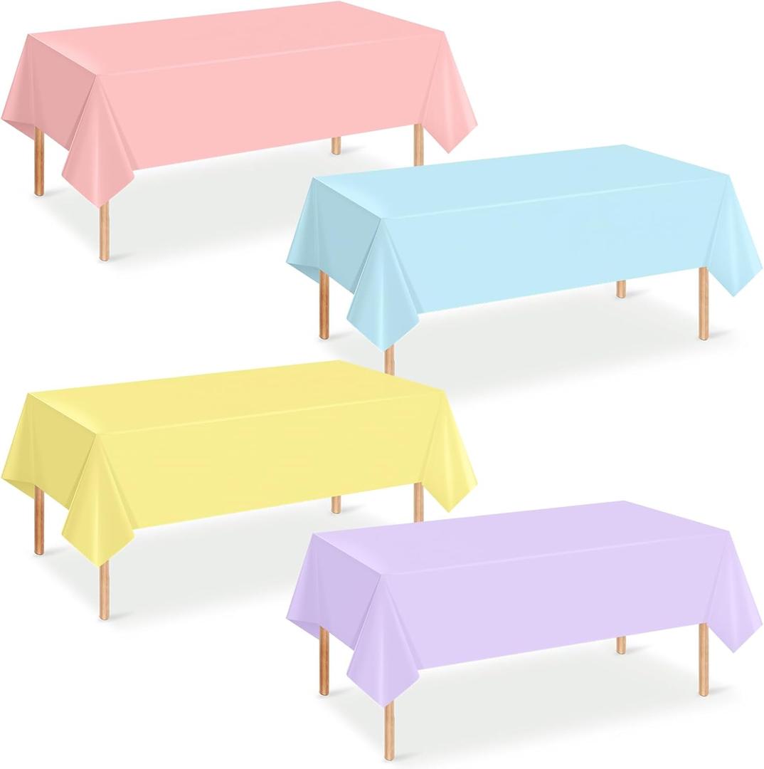 4Pcs Pastel Tablecloths, Mix Color Plastic Tablecloth Disposable Rectangle Table Covers for Baby Shower,Bridal,Wedding,Easter,Birthday and Ice Cream Party Decorations,54 x 108 Inch