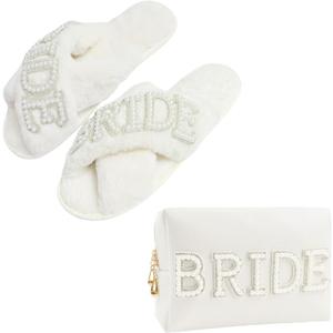 Kovewon Bridal Shower Gifts, Bride to Be Letter Makeup Bag with Pearl Rhinestone Fuzzy Bride Slippers Wedding Engagement Gifts for Her, Bachelorette gifts, 7-8 Slippers
