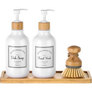 4 Pieces Kitchen Soap Dispenser Set 16 oz Dish Soap Dispenser with Bamboo Pump Soap Tray and Dish Brush Bathroom Soap Dispenser Set with Waterproof Labels for Hand Soap Dish Lotion (White)