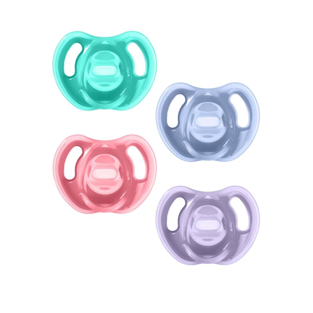 Tommee Tippee Ultra-Light Silicone Pacifier, 18-36 Months, Symmetrical One-Piece Design, BPA-Free Silicone Binkies, Pink/Violet/Green, Pack of 4