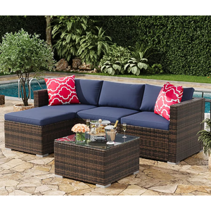 Garvee 5 Piece Outdoor Sectional Sofa Set All Weather PE Rattan Patio Furniture with Ottoman and Tempered Glass Table Convertible Garden Couch for Backyard Porch Poolside Brown and Navy Blue
