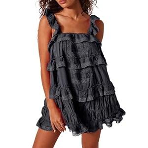 Gacaky Women's Summer Casual Sleeveless Rompers Ruffle Flowy Boho Sun Dress Loose Mini Dress with Built-in Shorts Black Small