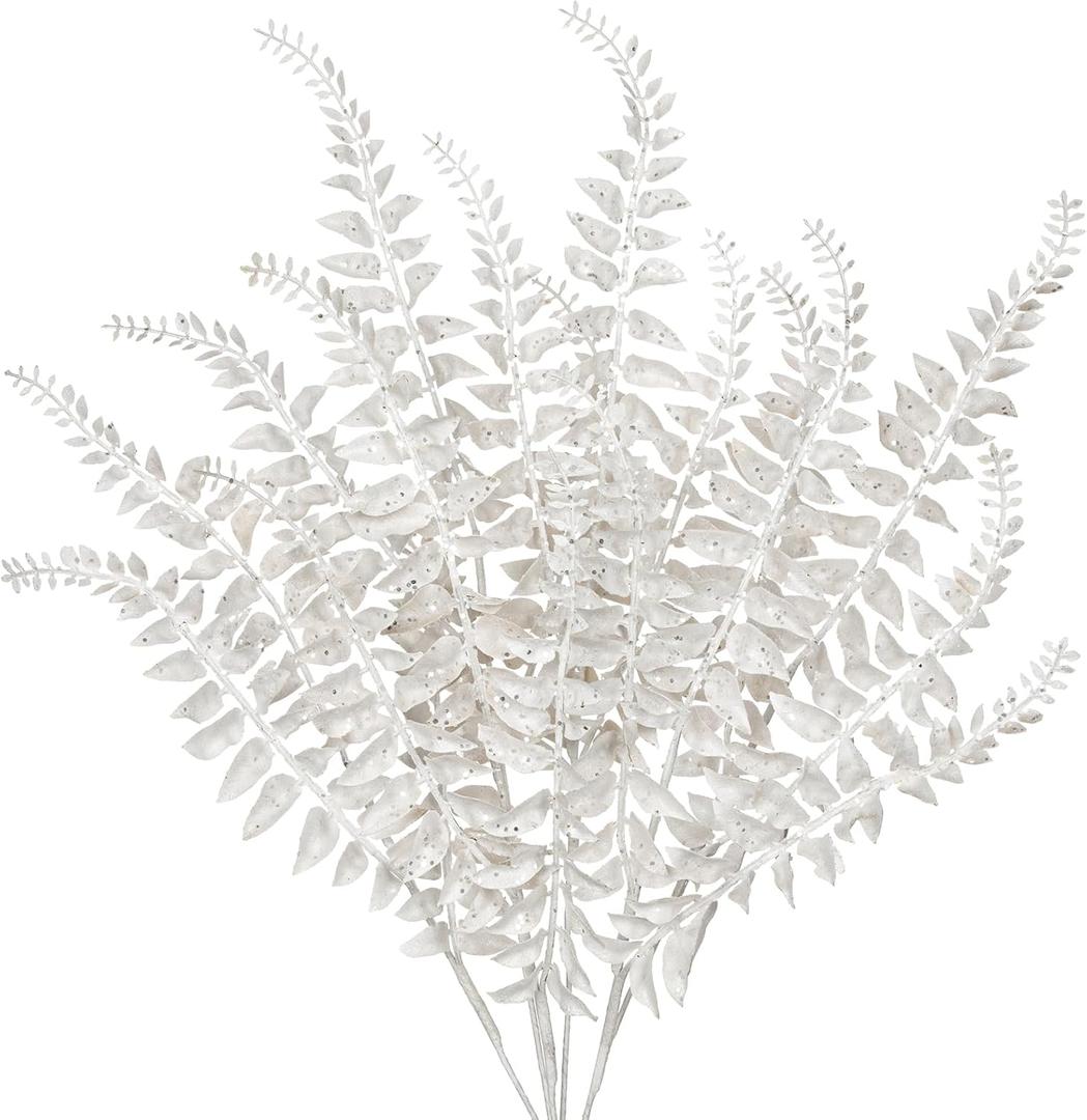 DILATATA 6Pcs Christmas Glitter Leaves Boston Fern Leaves 25" Artificial White Fern Leaf Picks Sprays Giltter Stems for Christmas Tree DIY Xmas Wreath Garland Home Decor - White
