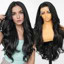 KOME Black Synthetic Lace Front Wig, 13×6 Body Wave Pre Plucked HD Glueless Wig for Women, Natural Daily Use Hair Wig 28IN