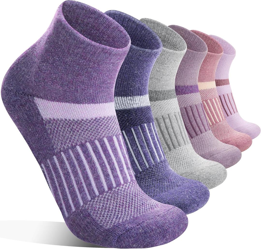 6 Pairs Merino Wool Ankle Running Hiking Socks Compression Support Breathable Thick Cushion No Show Socks for Women Men, Medium, Purple Mixed