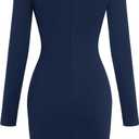 ZAFUL Women 2025 Sexy V Neck Long Sleeve Faux Wrap Dress Sheath Ruched Bodycon Party Work Cocktail Mid Dresses (Blue, L)