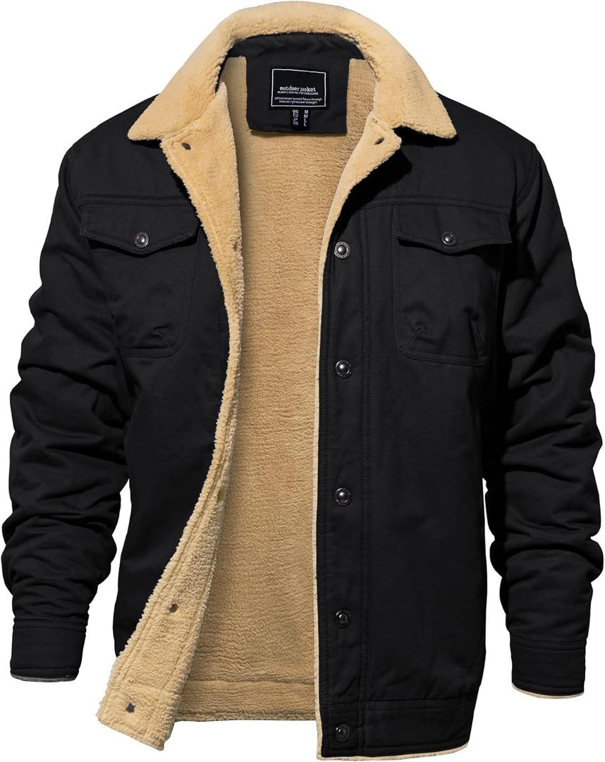EKLENTSON Men's Winter Jacket Thick Thermal Cotton Warm Fleece Lined Coat Trucker Lapel Work Cargo Jackets for Men (Large, Black)