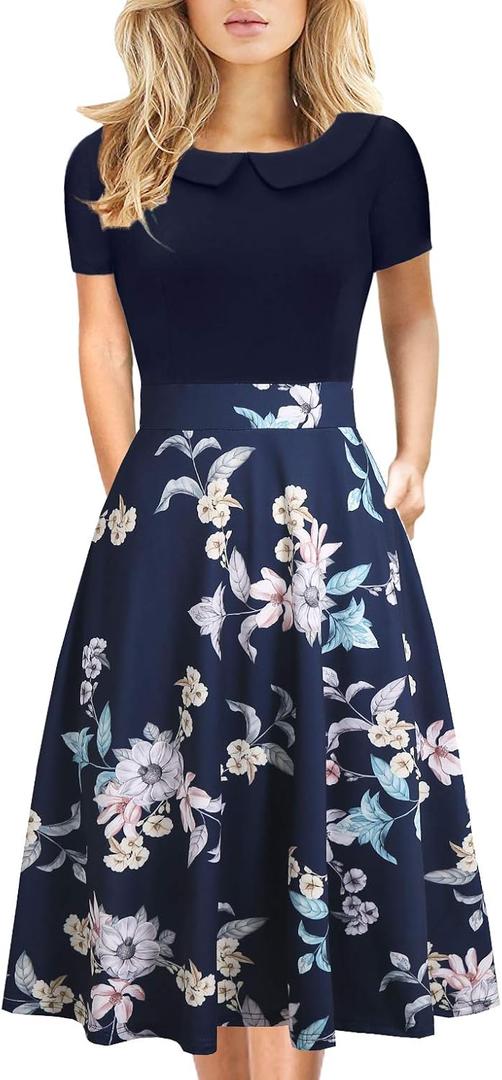 Women's Elegant Vintage Dresses Knee Length Casual Floral Print Work Party Peter Pan Collar A-Line Dress with Pockets 978