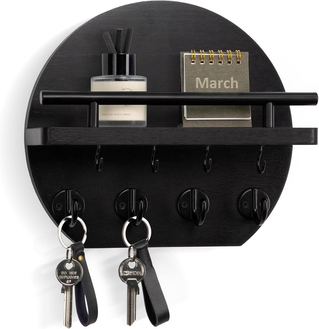 Nekon Key Holder for Wall - 9.8 Inch Apartment Wall Decor with Shelf and 8 Key Hooks, Circular Wood Key Hanger for Home Decor (Black)