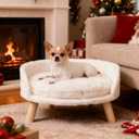 Elevated Dog Bed: Raised Dog Bed Round with Cozy Pad Waterproof - Nordic Wooden Doggie Sofa Bed with Sturdy Wood Legs Anti Slip for Medium Dogs Rabbit