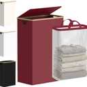 efluky Slim Laundry Basket with Lid, Narrow Laundry Hamper with Removable Bag, Skinny Dirty Clothes Basket with Bamboo Handles for Bathroom, Bedroom & Laundry Room, 75L Burgundy