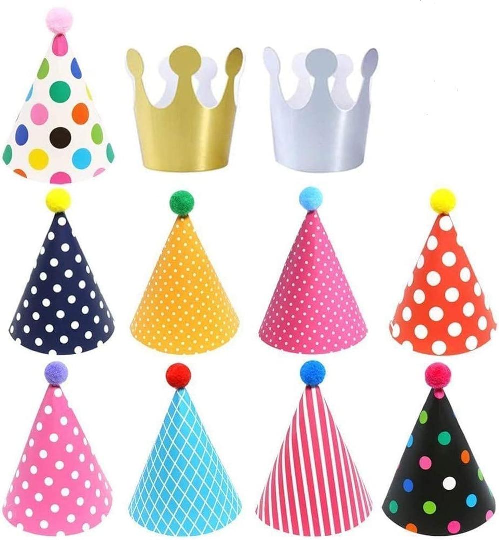 ELakiss 11PCS Birthday Party Cone Hats - Birthday Hat Pom Poms,Lovely Cake Cone Birthday Paper Hats,Lovely Crown,For Children and Adults (9 hats and 2 crowns)