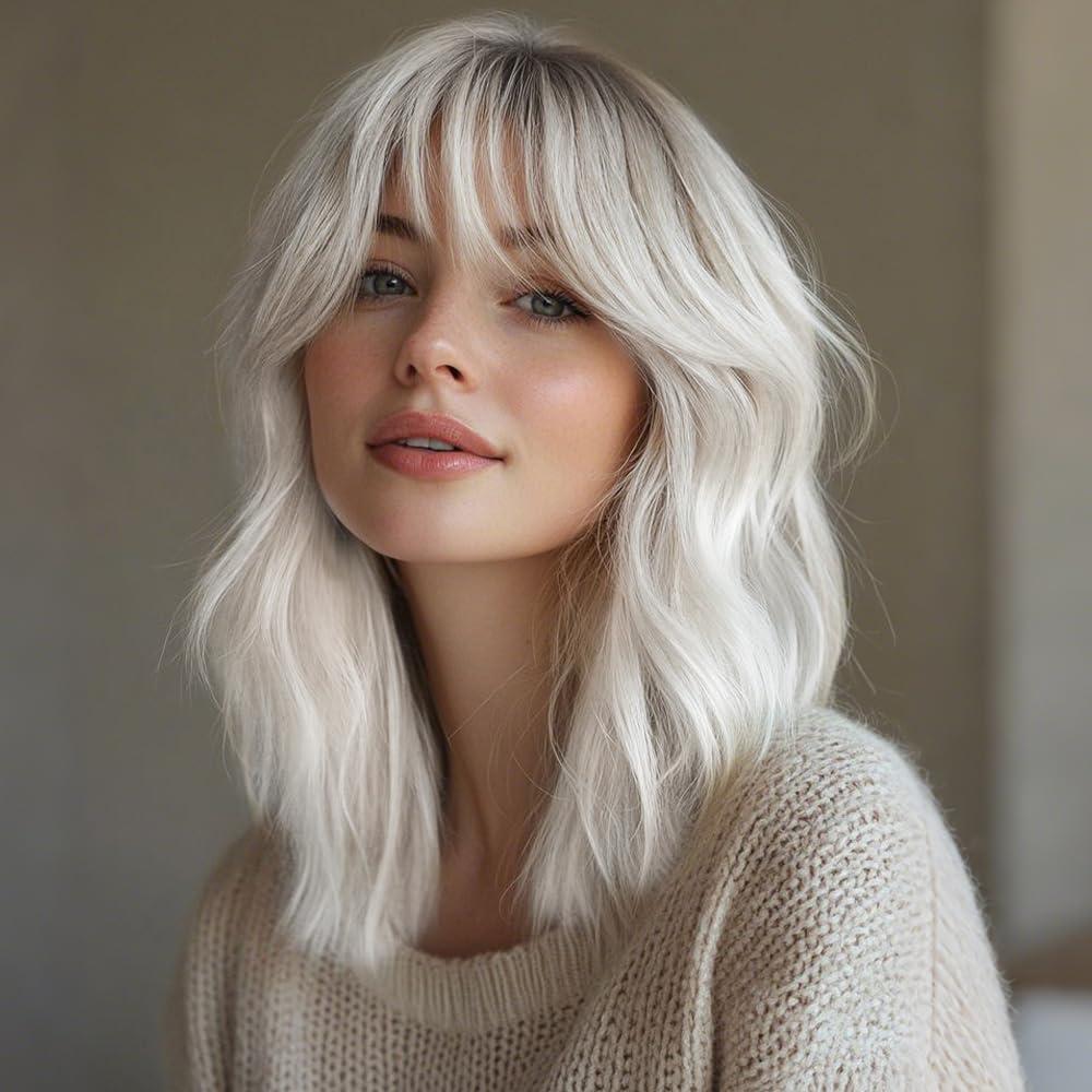 Short Curly Wigs with Bangs for Women 14 Inches Wavy Bob Wig Synthetic Heat Resistant Fiber Wigs (R4-1001)