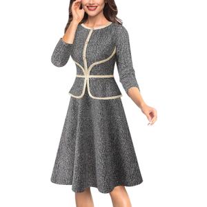 VFSHOW Womens 2024 Fall Work Business Office Dresses Tweed Crew Neck Buttons Slimming Peplum Fit and Flare A Line Dress (S)