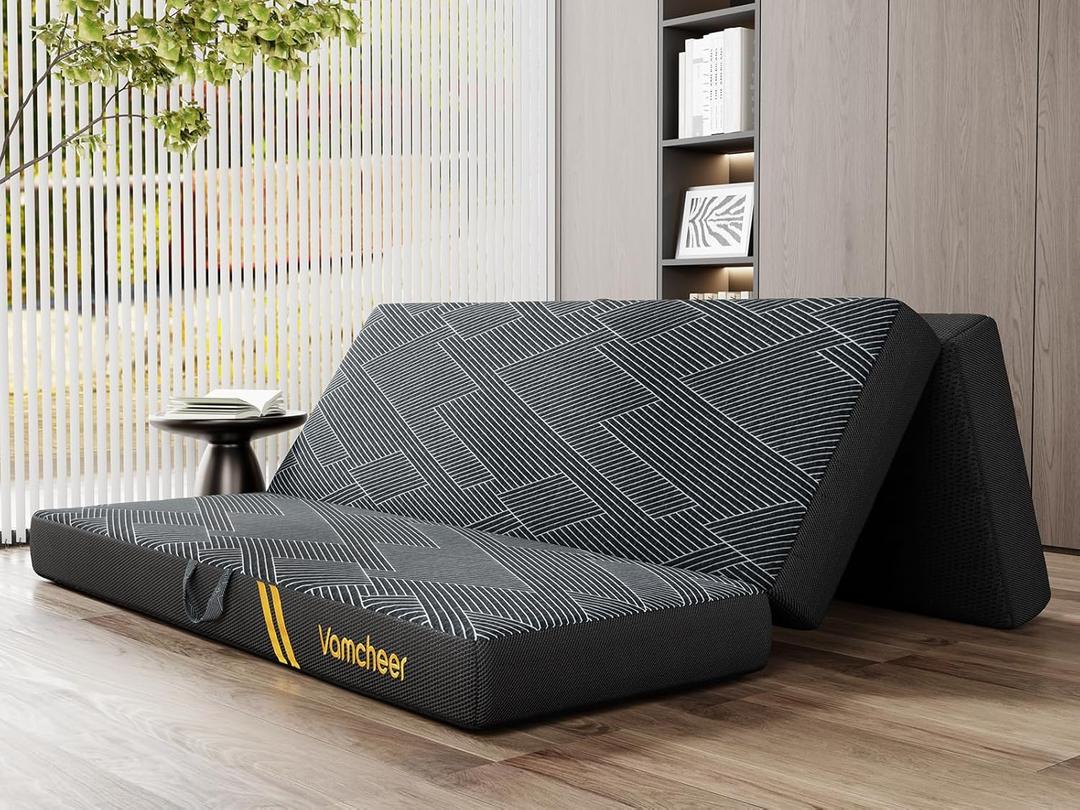 Vamcheer Tri Folding Mattress, 6 inch King Foldable Mattress, Tri-fold Memory Foam Mat with a Collapsible and Washable Cover, Handle & Non-Slip Bottom, for Travel/Guest, 80"x76"x6", Grey