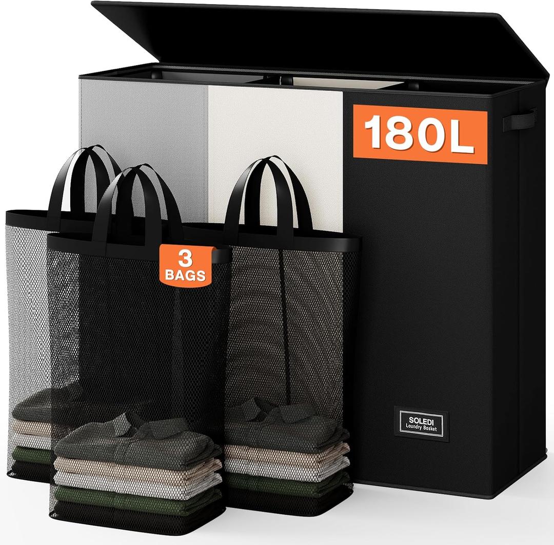 SOLEDI Laundry Hamper 3 section with lid and 3 Pcs Bag, Large Hamper 3 compartment 180L, Laundry Basket Laundry sorter Clothes hamper for Laundryroom Bedroom Blanket Storage Organizer (Black/White/Grey)