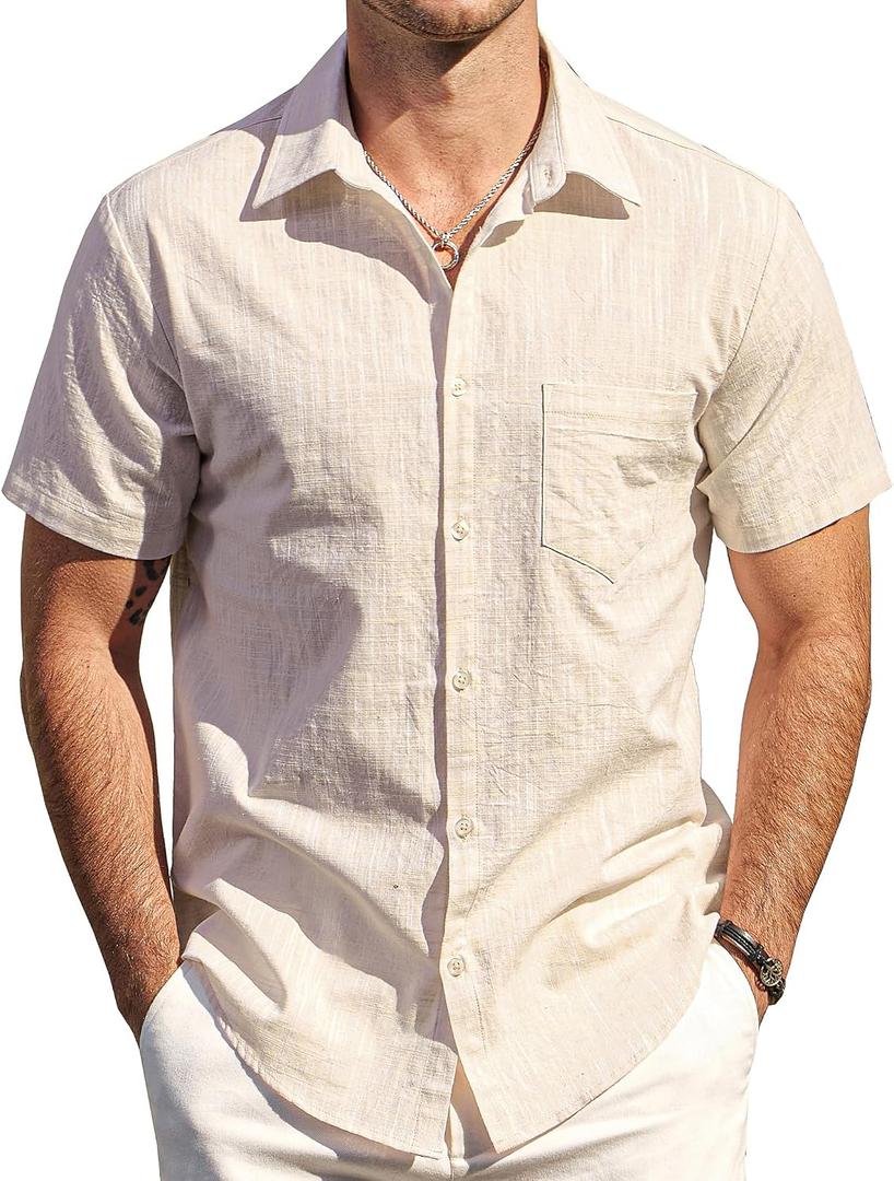 AOTIK Mens Cotton Linen Shirt Button Down Short Sleeve Shirt XXL Beige