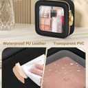 Soimeat Clear Makeup Bag, Portable Travel Cosmetic Bags, Multipurpose Leather Toiletry Bag with Zipper, Waterproof Transparent Cosmetic Organizer for Women, Mini, Black