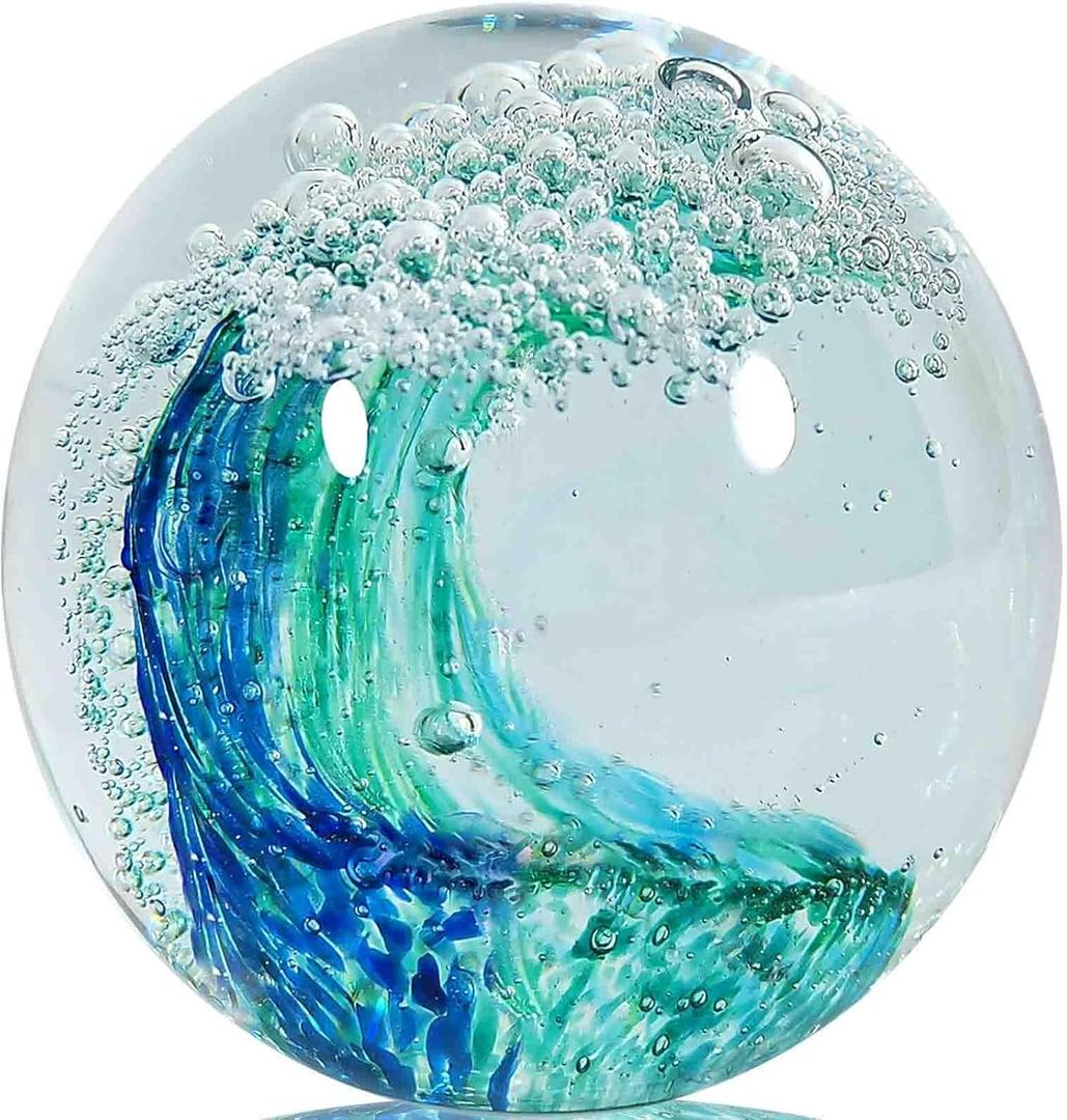 Hand Blown Ocean Wave Glass Paperweight - Blue Sea Glass Art for Beach Home Decor, Unique Gift for Ocean Lovers, Coastal Office Desk & Bathroom Decorations (Light Green)