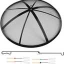 Fire Pit Spark Screen, 24 Inch Outdoor Fire Pit Screen with Foldable Hook and Marshmallow Sticks, Heavy Duty Steel Mesh Fire Pit Cover for Backyard, Beach, RV Camping