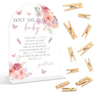 Baby Shower Games - Baby in Bloom Don't Say Baby Clothespin Game, 1 Sign and 50 Mini Clothespins, Gender Reveal Game, Floral Baby Shower Decoration Supplies (ARI04)